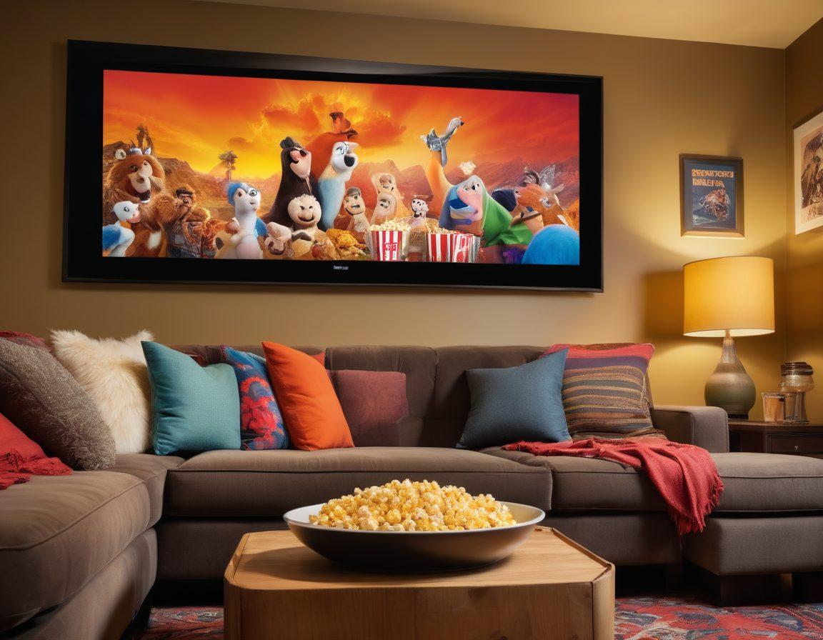 A cozy living room scene with a plush couch, popcorn bowl, and a large screen displaying a vibrant movie poster. Include cheerful friends gathered around, laughter and joy on their faces. Soft, warm lighting to create an inviting atmosphere, and movie-themed decorations like film reels and posters on the walls. super-realistic. warm colors. cozy ambiance.