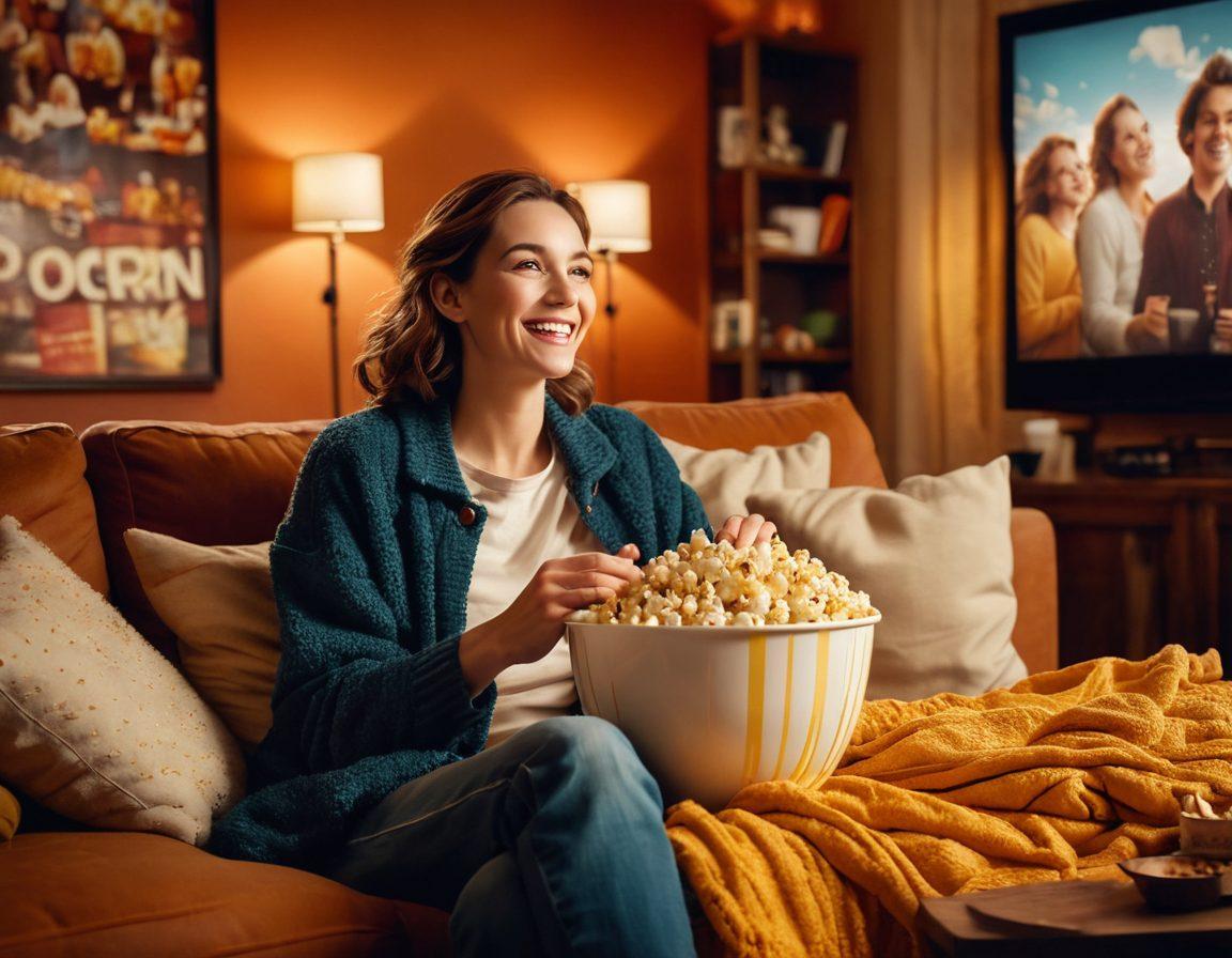 An inviting home theater scene with a cozy sofa, fluffy blankets, and a large screen playing a joyful scene from a feel-good movie. Soft popcorn scattered on a table, warm lighting creates a comforting atmosphere, with posters of iconic feel-good films on the walls. A person smiling with a bowl of popcorn in hand, embodying the essence of joy in film watching. super-realistic. warm colors. cozy ambiance.