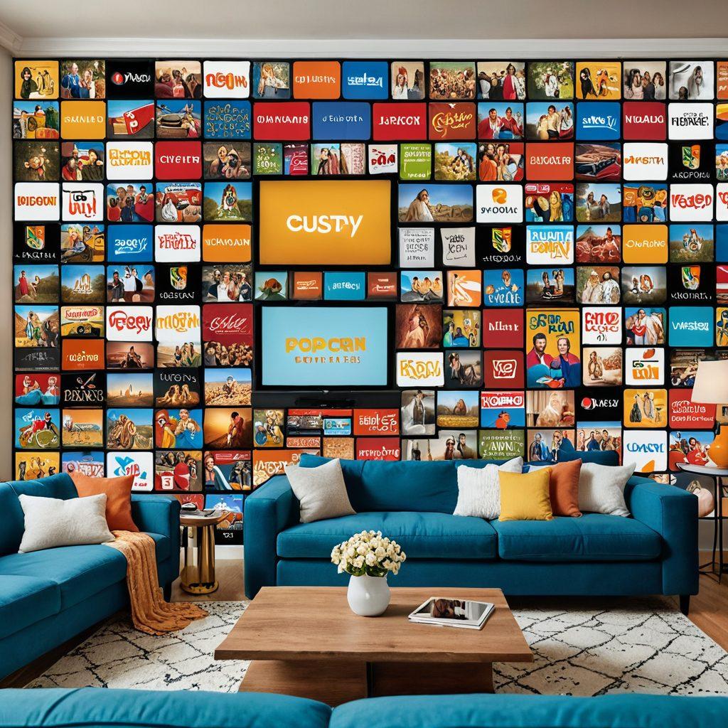 A vibrant collage of popular streaming service logos intertwined with scenes of happy families and friends enjoying films on various devices, like tablets and smart TVs, in a cozy living room. The background should include a projector casting joyful movie frames, with popcorn and snacks scattered around, conveying a lively and entertaining atmosphere. Bright colors dominate the scene to evoke a sense of fun and accessibility. super-realistic. vibrant colors. cozy ambiance.